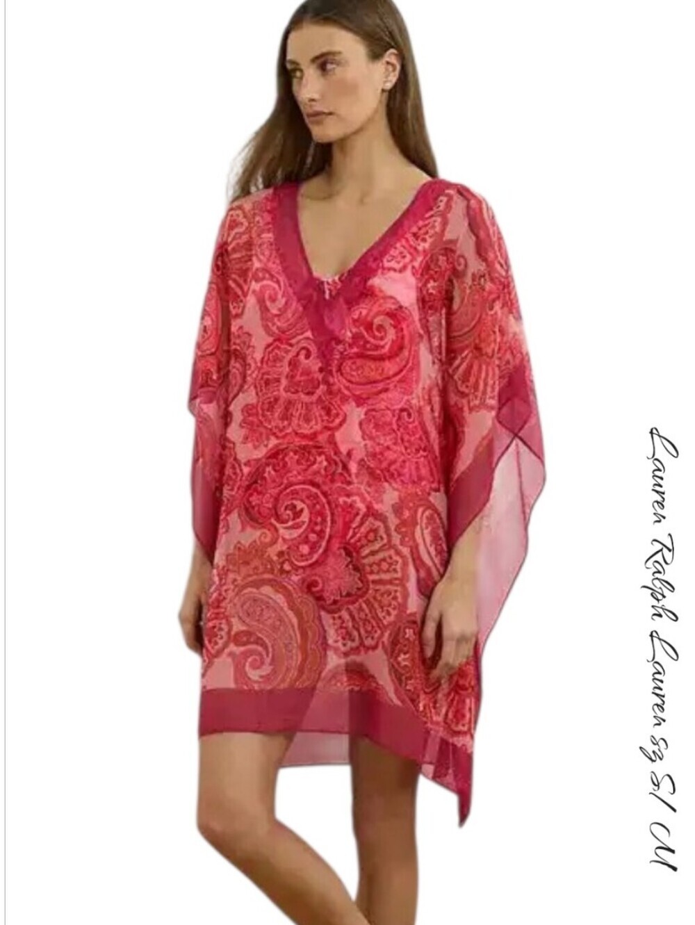 Lauren Ralph Lauren Pink Paisley Chiffon Poncho Swim Cover Up SM NWT